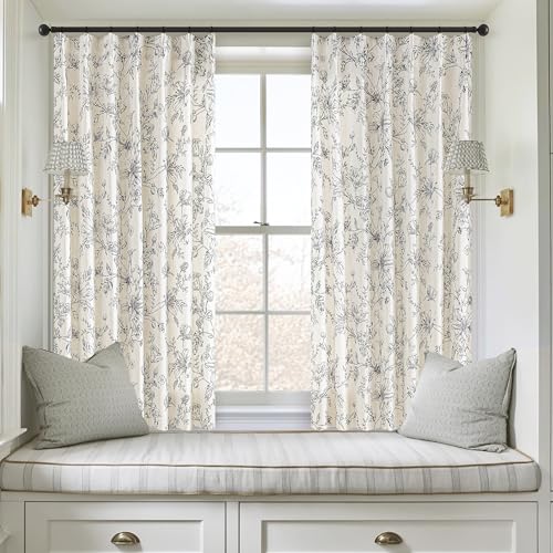 Rustic Boho Black Floral Pinch Pleat Linen Kitchen Curtains 36 Inch Length - color: Black, size: 40"W x 36"L (Pack of 2)