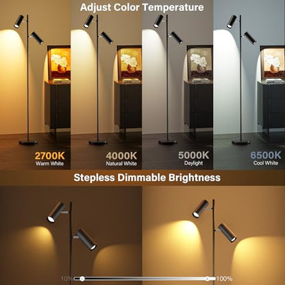 SIBRILLE Spotlight Floor Lamp, Tall LED Standing Lamp with Remote/Touch Control, 2700K-6500K, 350°Rotating Head Standing Lamp, Reading Floor Lamp for Living Room, Bedroom, Office & Wall Art, Dual Head - style: Dual-Tube