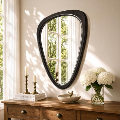 30" x 20" Asymmetrical Mirror, Solid Wood Frame, Irregular Design - color: Black, size: 30"L x 20"W