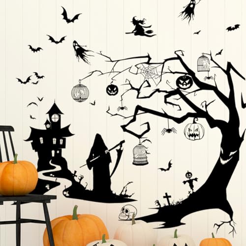 Halloween Wall Sticker Black Tree Branches Wall Decal Peel and Stick Horror Bat Wall Decor Halloween Castle Ghost Wall Stickers for Living Room