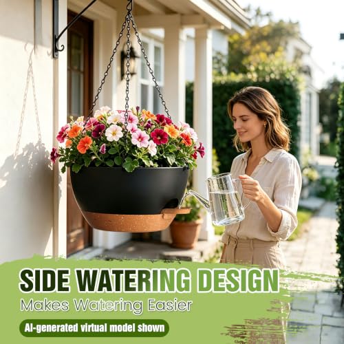 13 Inch Large Self Watering Hanging Planters 2 Pack with Saucers - color: Black Brown, size: 13 Inch 2 Pack