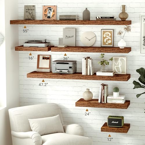 Vivelove 55x12 Floating Shelves 12 Inches Deep, Rustic Brown, Set of 2 - color: Rustic Brown, size: 55”wx12”dx1.5”h