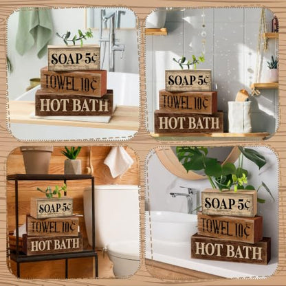 Moucuny 4 Pcs Rustic Bathroom Shelf Decor Wooden Block Signs, Farmhouse - style: Bathroom Price List