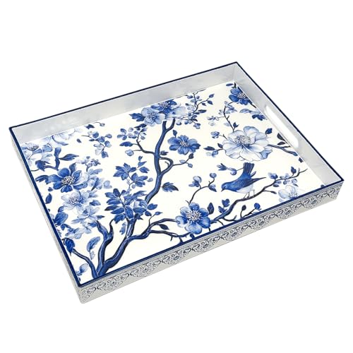 Serving Tray with Handles, 15.7 * 11.8 inches, Plastic Ottoman Tray with Exquisite Paintings, Trays for Coffee Table - color: Blue Sparrow