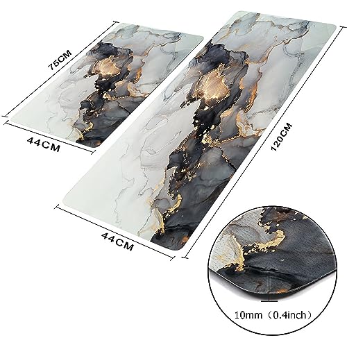Mrcrypos 2 Pieces Luxury Black and Gold Marble Kitchen Mats PVC Leather - color: Black Marble, size: 17" W x 29" L + 17" W x 47" L