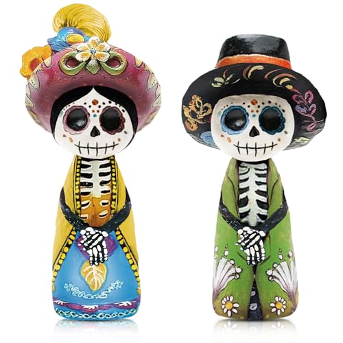 Yuntau 2 Pcs Day of The Dead Figurines Wooden Dia De Los Muertos Skull - style: Skeleton