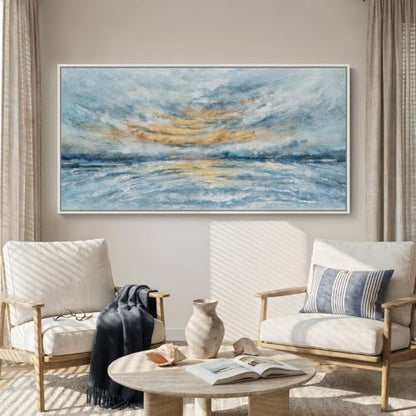 Extra Large Framed Blue Abstract Coastal Wall Art for Living Room, 36x72 In - color: Blue and Gold B, size: 72"L x 36"W