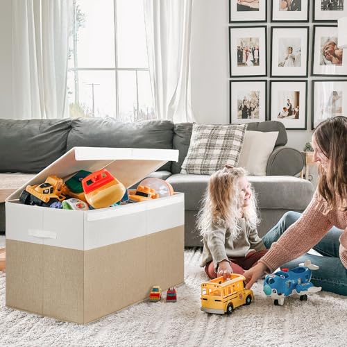 INDRESSME 122L Large Toy Storage Box with Lid Collapsible Toy Chest - color: Beige & White, size: 26"x17"x17"