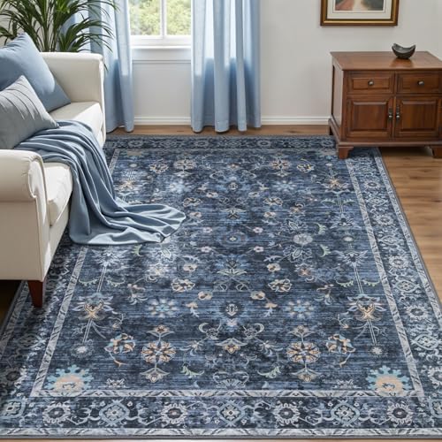 Tangsoo 3x5 Washable Area Rug,Vintage Navy Blue Floral Throw Rugs Non Slip - color: Distressed Blue Black, size: 3' X 5' (Rectangular)