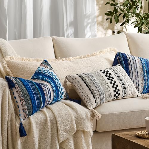 100% Cotton 14x36 Inch Lumbar Pillow Cover with Fringe 1 Pack, Beige - color: A-beige, size: 36" x 14" (Pack of 1)