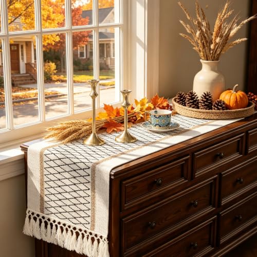 yuboo 72 Inch Boho Farmhouse Table Runner - color: Black&beige, size: 72 inch