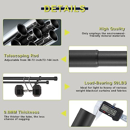 Double Curtain Rods for Windows 36-72 Inches, 1'' Front and 5/8''Back Double Drapery Rods with Premium Aluminum Brackets and End Cap Finials, Adjustable Matte Black Double Window Curtain Rod - color: Matte Black, size: 36-72"