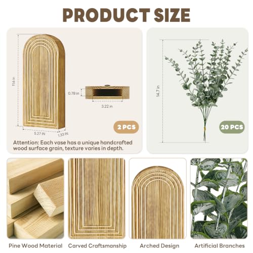 Wooden Wall Vase with 20 Eucalyptus, 2 Mount Options, Brown, 2 Pcs - color: Natural
