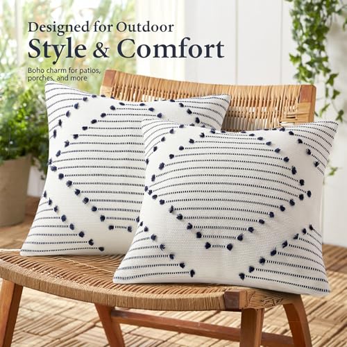 Mecatny Boho Outdoor Throw Pillow Covers 22x22 Set of 2 Navy & Cream White - color: Navy Blue, size: 22" x 22" (Pack of 2)