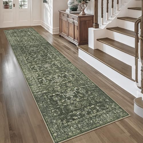 2.6x10 Washable Kitchen Runner Rug Soft Retro Dark Green Throw Carpet - color: Dark Green, size: 2.6' x 10' (Runner)