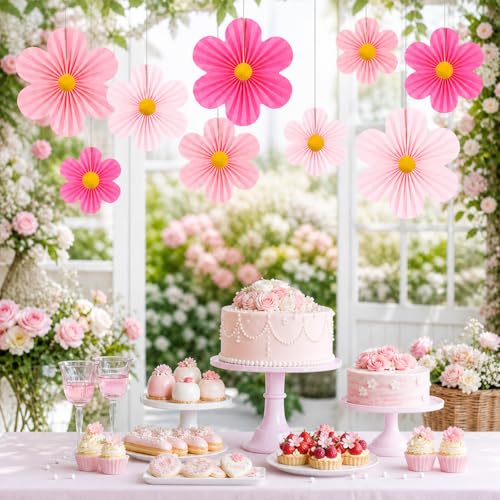 Spring Flower Paper Fan Decorations, 9PCS Party Cream Hanging Fans for Hello Spring Party, Birthday, Wedding, Classroom, Home Office Graduation Mother Father's Day Floral Backdrop Decor -Pink - style: Pink Cloud
