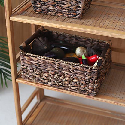 Water Hyacinth Wicker Storage Basket with Wood Handles, Large - color: Dark Brown, size: 14.17x 10.23x 6.69