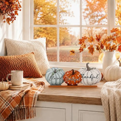 Smile Pumpkin Tiered Tray Sign Blessed Grateful Thankful Thanksgiving Wood - style: Thankful