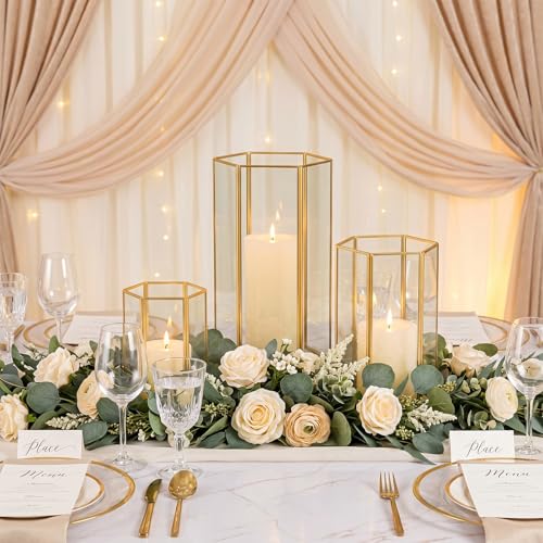 Gold Glass Hurricane Candle Holder Set of 3 Large Clear Hexagon Lanterns