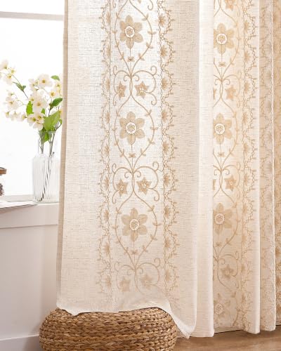 Beige Farmhouse Linen Curtains for Living Room 96 Inch 2 Panels - color: Ivory on Beige, size: 52"W x 96"L (Pack of 2)