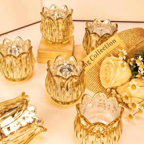 Tulip Votive Candle Holders Set of 6, Glass, Gold - color: Gold - Set of 6