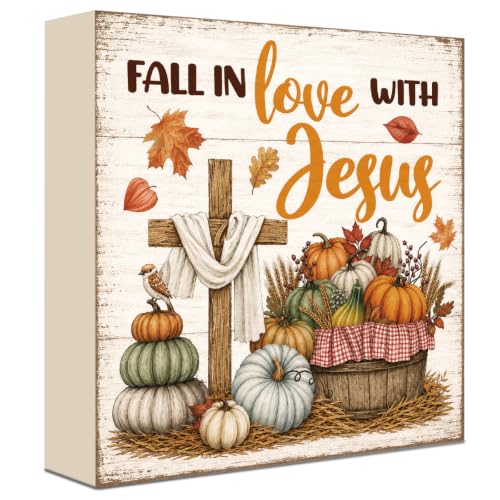 Fall Decorations for Home Fall in Love with Jesus Wood Sign Fall Decor - color: FALL43