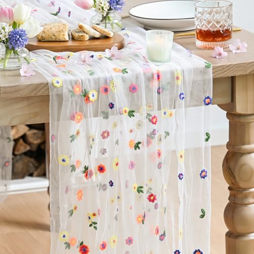 Artoid Mode Embroidery Daisy Gauze Table Runner 120 Inch 10FT - color: Ivory, size: 28" x 120"