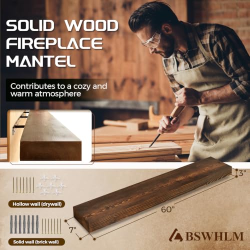 60x7x3in Solid Pine Wood Fireplace Mantel, Weathered Brown - color: Weathered Brown, size: 60x3x7-solid