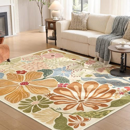 MUJOO 5x7 Area Rugs Washable Floral Rug Non Slip Low-Pile Beige - color: Beige, size: 5' x 7' (Rectangular)