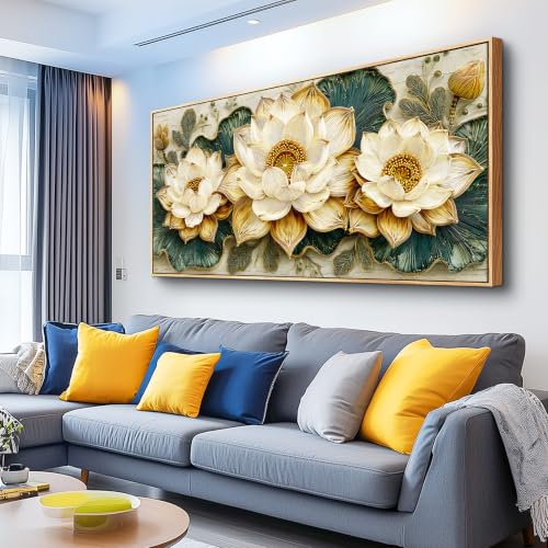 Large Abstraction Canvas Wall Art for Living Room Wall Decor Vintage Golden Lotus Painting Decor Dining Room Bedroom Bathroom Kitchen Room Home Decor Printed Artworks 20x40 in Wood Frame - color: Golden and White Flowers, size: 40"L x 20"W