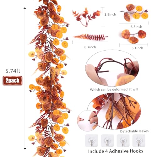 RECUTMS 2P Fall Eucalyptus Leaf Vine with Boston Fern 5.74FT Autumn Garland - color: 2pcs Fall Eucalyptus Garlands