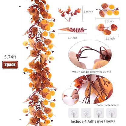 RECUTMS 2P Fall Eucalyptus Leaf Vine with Boston Fern 5.74FT Autumn Garland - color: 2pcs Fall Eucalyptus Garlands