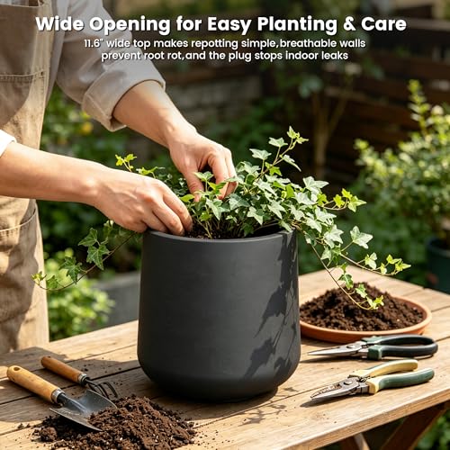 Kante Accent Round Curved Black Concrete Planter 13" Dia, Outdoor - color: Burnished Black, size: 11.6" D