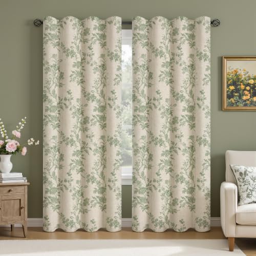 Sage Green Boho Floral 100% Blackout Curtains 84 Inch 2 Panels - color: Sage Green, size: 52"W x 84"L (Pack of 2)