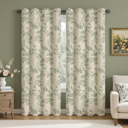 Sage Green Boho Floral 100% Blackout Curtains 84 Inch 2 Panels - color: Sage Green, size: 52"W x 84"L (Pack of 2)