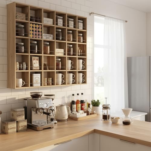 Kigley Oversize Coffee Mug Display Rack Wooden Shelves Rustic Shot Glass Display Case Travel Mug Shelf Wall Mounted Rack Holder Shadow Box(5 x 6,Brown) - color: Brown, style: 5 x 6