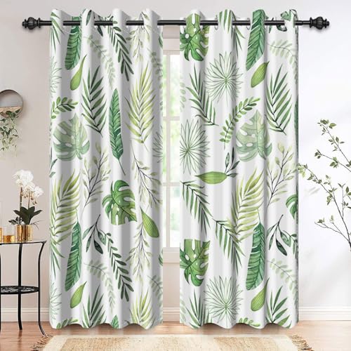 Watercolor Green Tropical Leaf Window Curtains Set 2 Panels 45" L x 29" W - color: Green & White, size: 29"W x 45"L (Pack of 2)