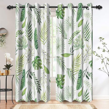 Watercolor Green Tropical Leaf Window Curtains Set 2 Panels 45" L x 29" W - color: Green & White, size: 29"W x 45"L (Pack of 2)