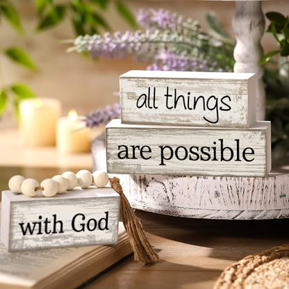 Yuntau 4 Pcs Farmhouse Christian Table Decor with Beads Tassel Block Sign - style: Farmhouse