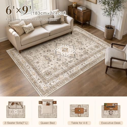cotiled 6x9 Area Rug for Living Room, Washable, Traditional, Beige - color: Beige, size: 6' x 9' (Rectangular)