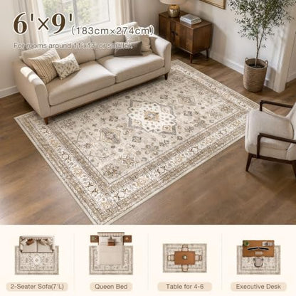 cotiled 6x9 Area Rug for Living Room, Washable, Traditional, Beige - color: Beige, size: 6' x 9' (Rectangular)