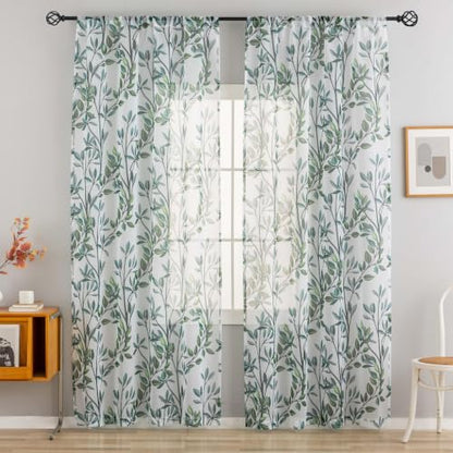 Green Leaves Sheer Curtains for Living Room 63 Inch Length 2 Panels - color: Leaf | Green, size: 50"W x 63"L (Pack of 2)