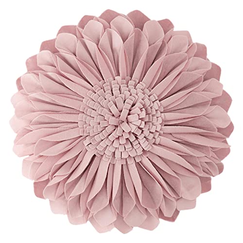 JWH Handmade 3D Sunflower Throw Pillow Cover Decorative Accent Pillow Case Round Floral Cushion Velvet Pillowcase with PP Cotton Insert for Home Bed Couch Bedroom Chair 12 Inch Dusty Pink