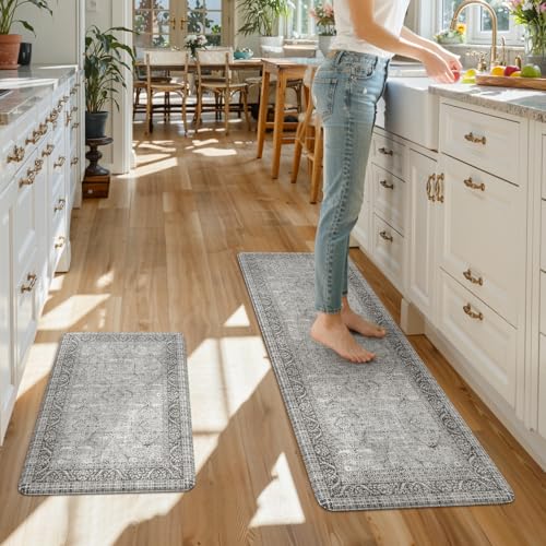 KIMODE Anti Fatigue Kitchen Mat 2PCS,Waterproof Farmhouse Kitchen Rugs Grey - color: Grey, size: 47"L x 17.3"W x 0.47"Th + 29"L x 17.3"W x 0.47"Th