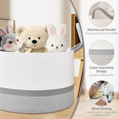 67L Large Blanket Basket, 20"x13" Blanket Basket Living Room, Woven Baskets With Handle, Toy Baskets for Blankets, Nursery, Dog, Pillow, Gift (White & Light Grey) - color: White & Light Grey, size: 67L