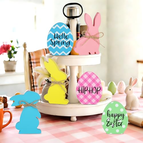6Pcs Easter Bunny Decorations for Home Wooden Easter Table Signs Rabbit Egg Shaped Tabletop Centerpieces with Rope for Tiered Tray Decor Home Indoor Office Party Farmhouse Decor
