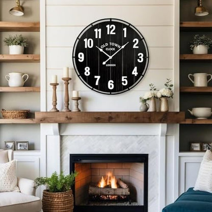 EMAX HOME Large Old Town Farmhouse Black Wall Clock 30 Inch Rustic Antique Wood with Metal Circle and Large Numerals Silent Battery Operated Wall Clock for Office Kitchen Bedroom Living Room - color: Black, size: 30 Inch