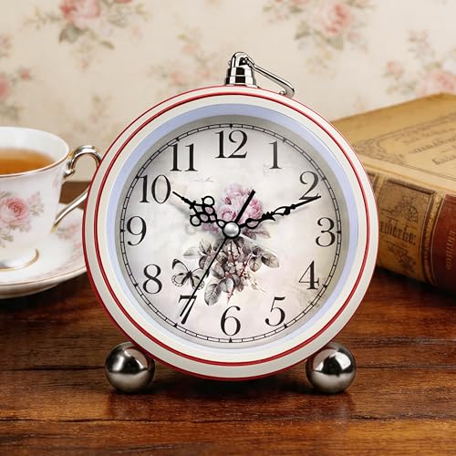Vintage Desk Table Analog Bedside Clock Battery Operated Non Ticking Silent - color: Retro-beige