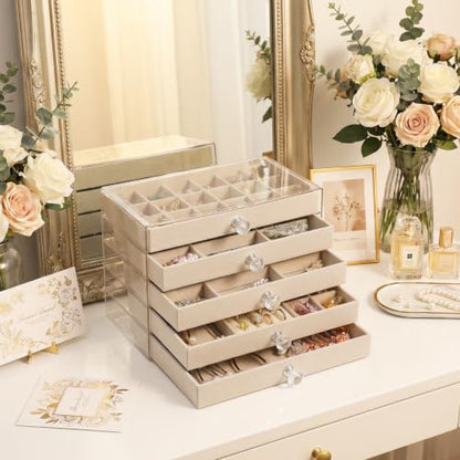Acrylic Jewelry Box With 5 Drawers, Acrylic Jewelry Box Organizer With Velvet Trays, Clear Jewelry Box Organizer With Drawers For Jewelry Earrings Rings Necklaces (Beige)