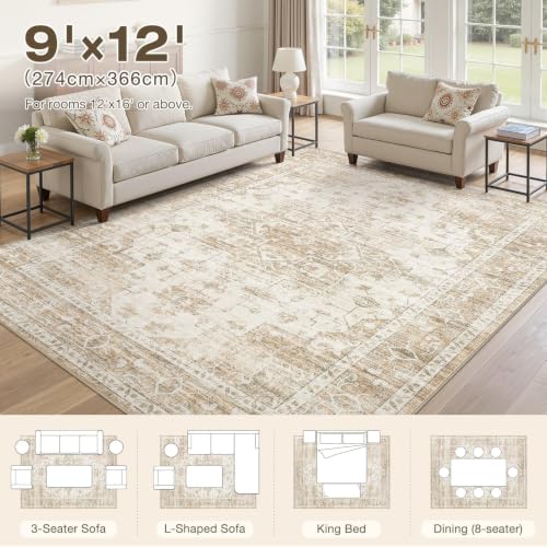 9x12 Area Rugs for Living Room: Washable Neutral Soft Beige Rug - color: Beige, size: 9' x 12' (Rectangular)